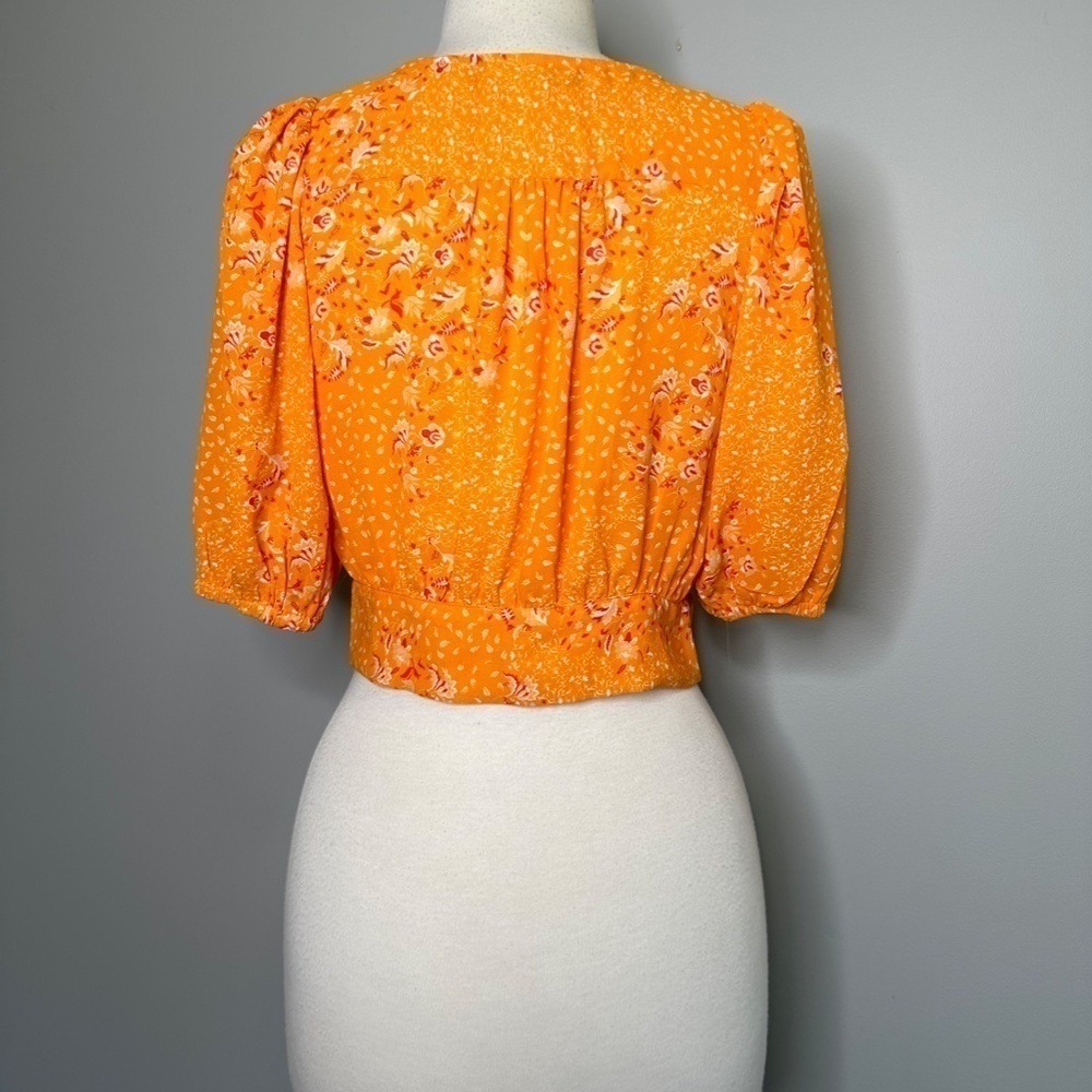 Joie Blouse Sz S Shirt Floral Orange Button Bow Tie Front Crop Cottagecore - Picture 7 of 11